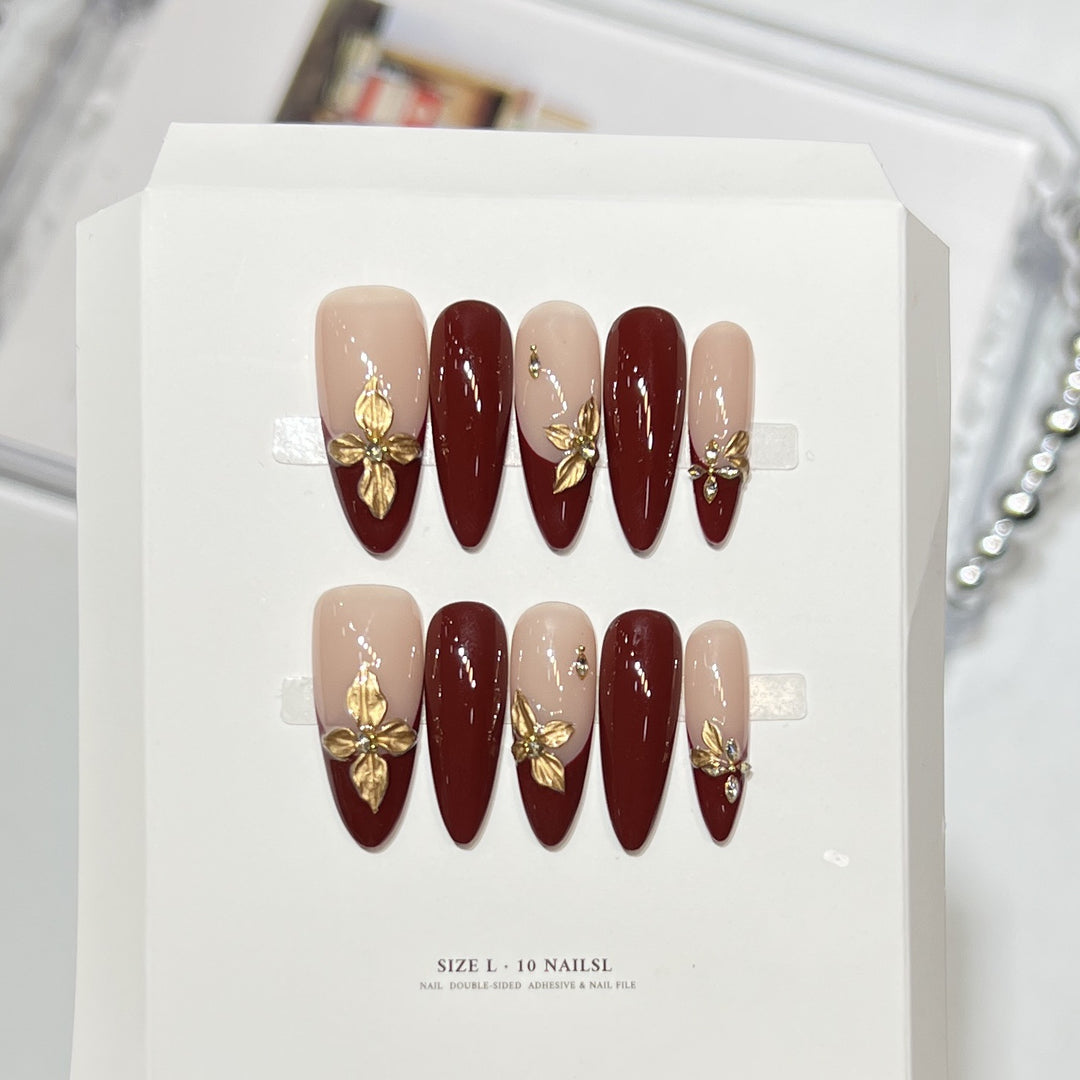 Premium Press-On Nail Art Set with Elegant Heart & Leaf Design Kalsten