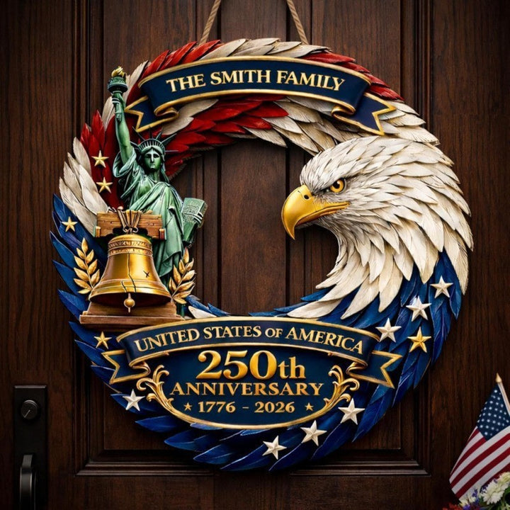 Independence Day patriotic front door wreath with Eagle Statue of Liberty and Liberty Bell accents Kalsten