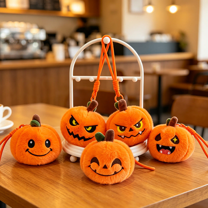 Plush pumpkin keychain with key ring and carabiner