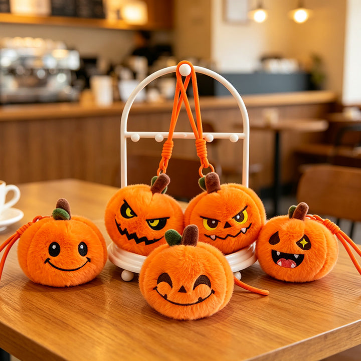 Plush pumpkin keychain with key ring and carabiner