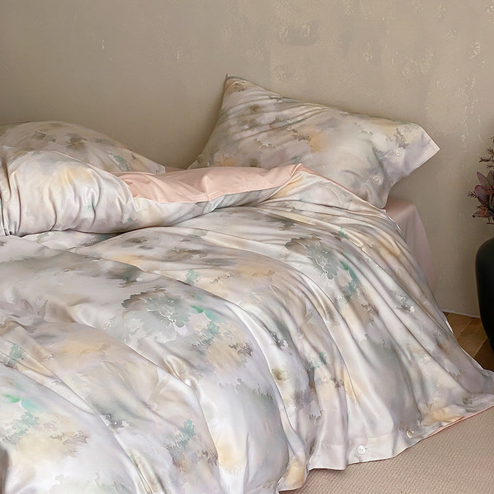 Premium cotton satin duvet cover set with floral jacquard relief and button closure
