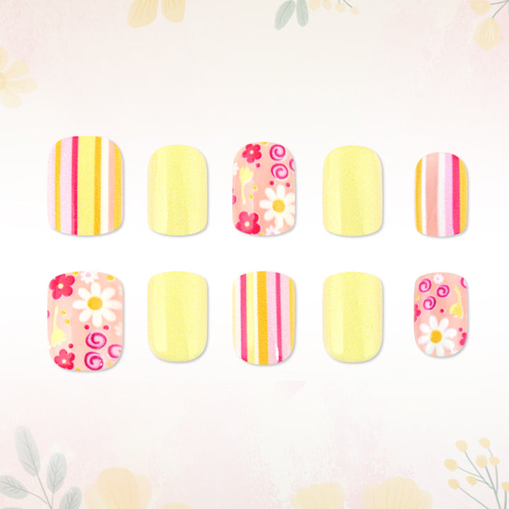 Artistic Floral and Striped Press-On Nail Art Kalsten