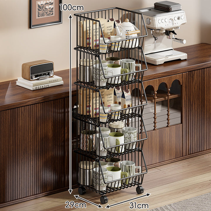Four-Tier Tall Rolling Wire Pantry and Mug Storage Cart with Deep Slanted Baskets