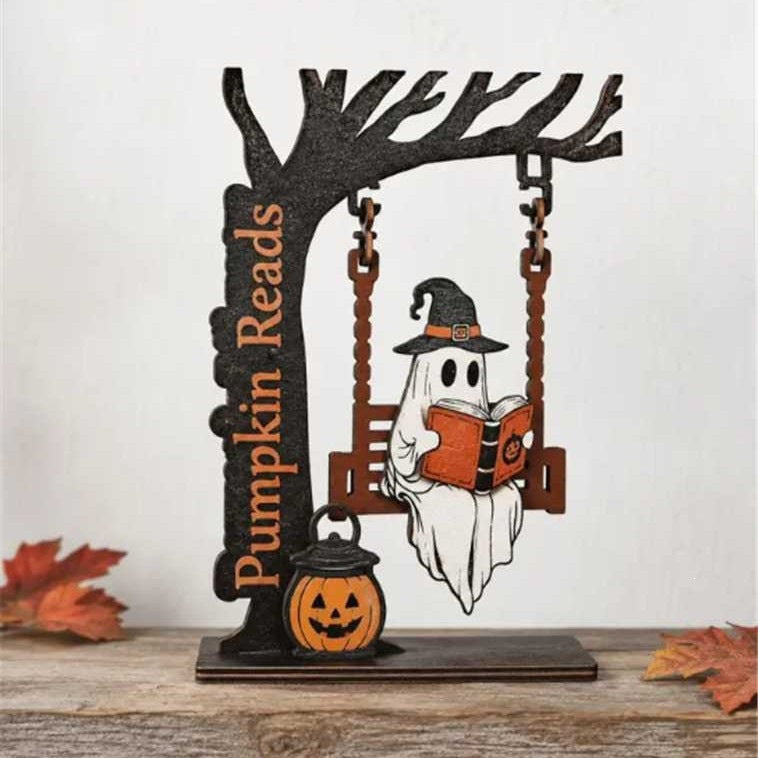 Whimsical Ghost and Cat Hanging Sign Sculpture Kalsten