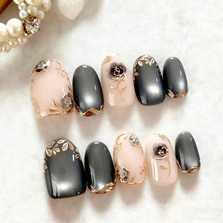 Ornate Press-On Nail Art Set with Gold Floral Accents