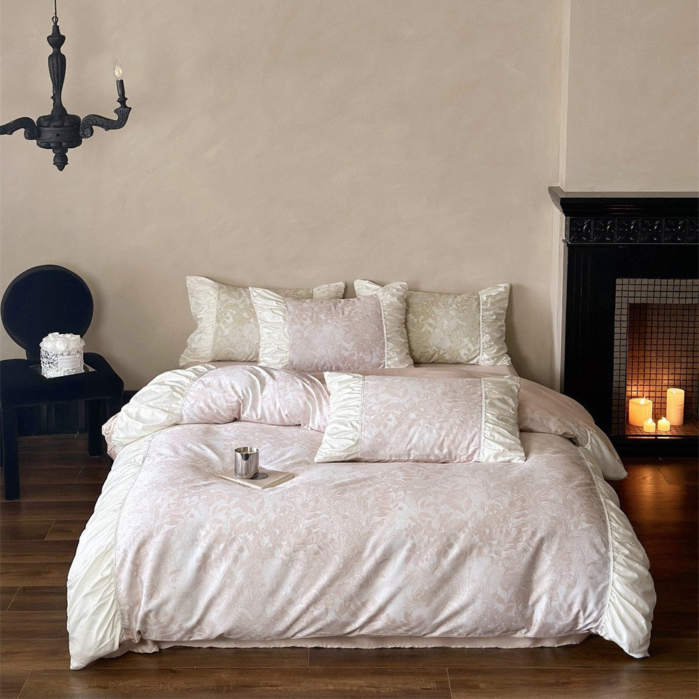 Luxurious jacquard bedding set with ruffled frill, satin trim, and decorative pillows