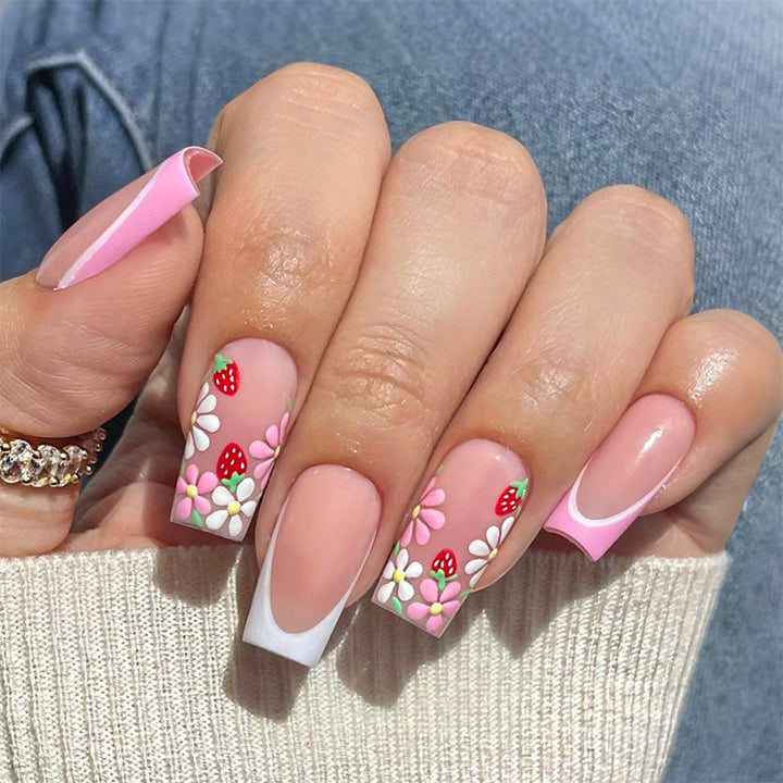 Artificial nail set with colorful flowers and creative French design Kalsten