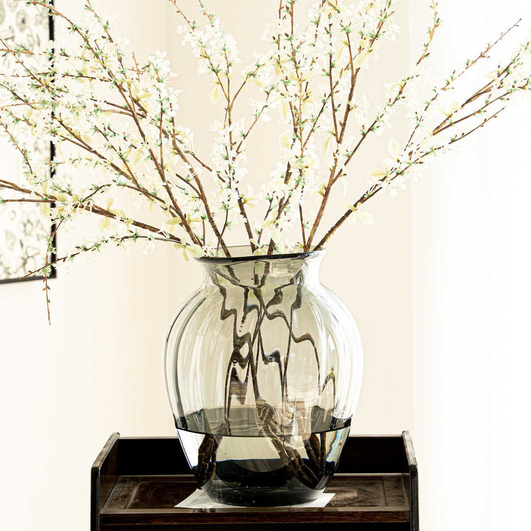 Handblown Ribbed Smoky Glass Bulb Vase with Narrow Neck Kalsten