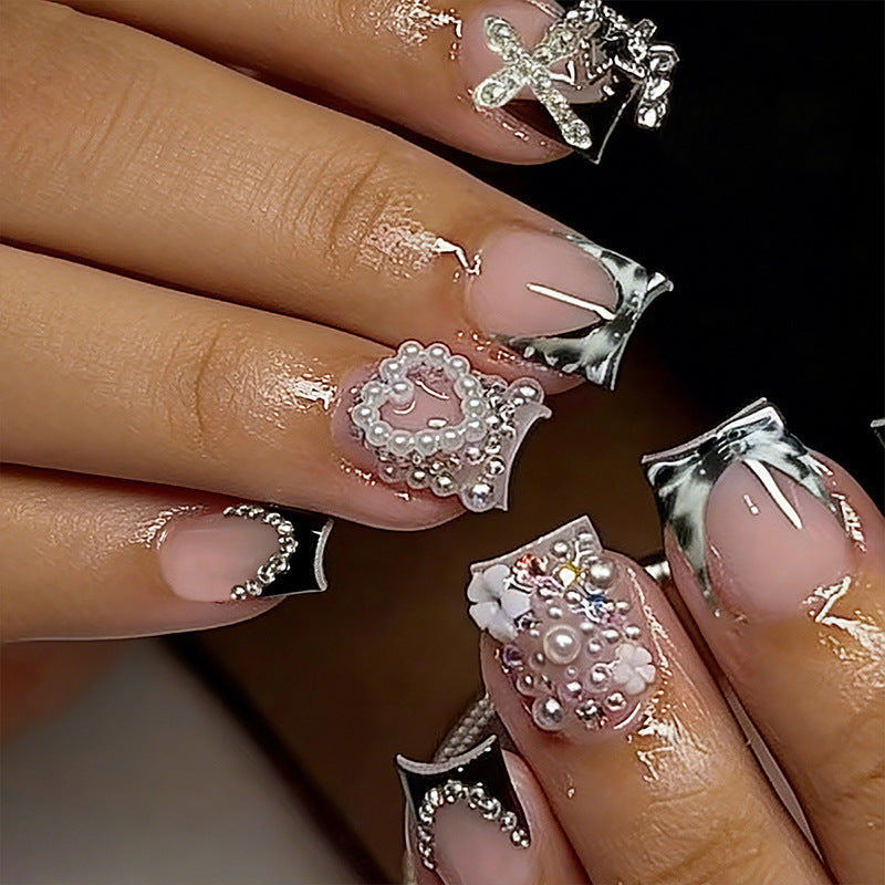 Artistic 3D Nail Tips with Pearl and Bow Accents Kalsten