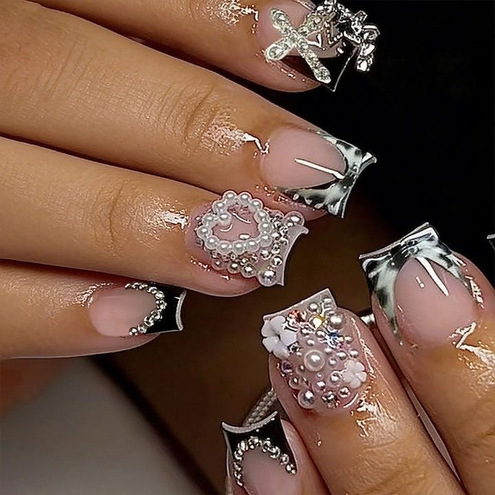 Artistic 3D Nail Tips with Pearl and Bow Accents Kalsten