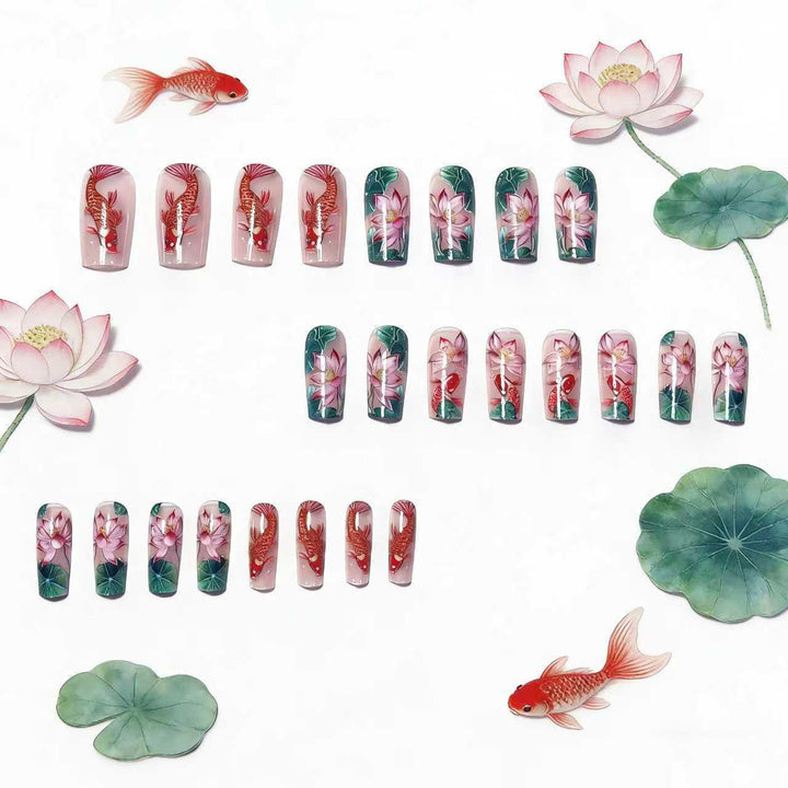Artificial nails with floral lotus elements and koi pattern Kalsten