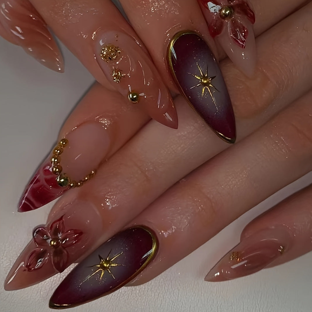 Artistic Stiletto Press-On Nails with Floral and Star Designs Kalsten