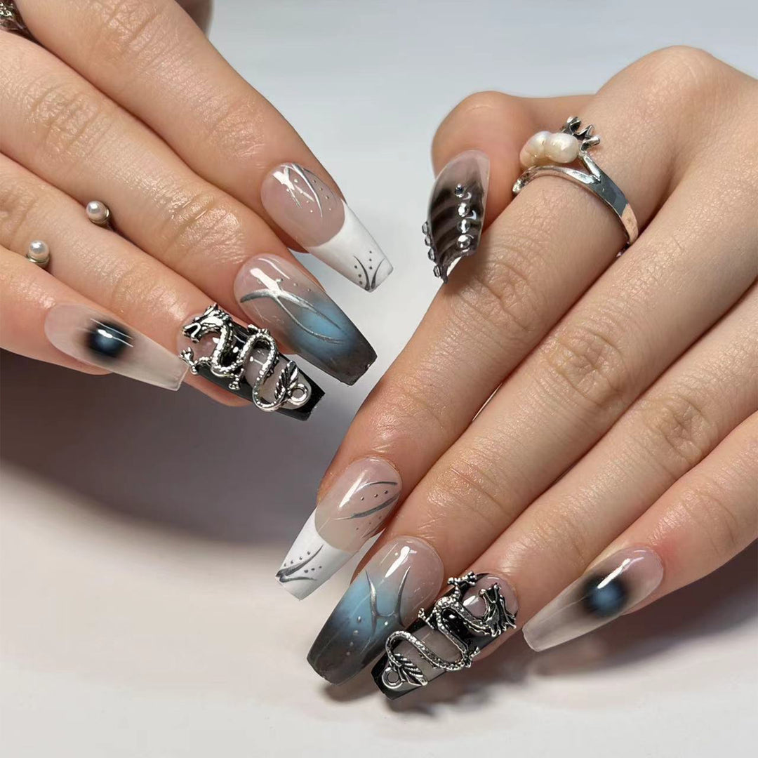 Artistic acrylic nails in elegant ombre design with elaborate details Kalsten