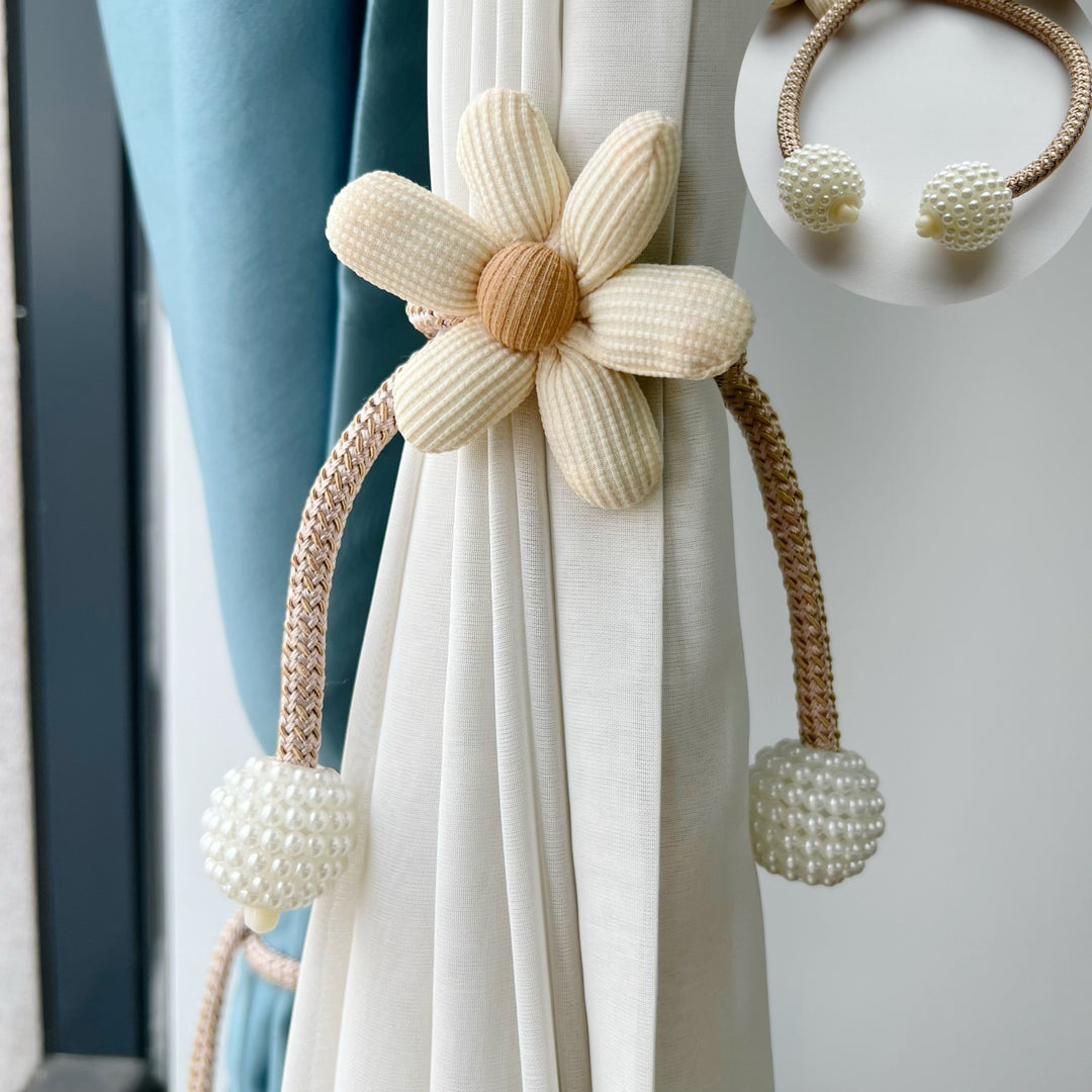 Decorative Magnetic Curtain Tieback with Fabric Flower and Pearl Bead Tassels
