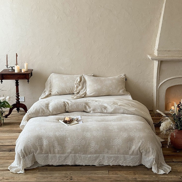 Vintage-inspired cotton-linen bedding set with ruffled trim & broderie anglaise