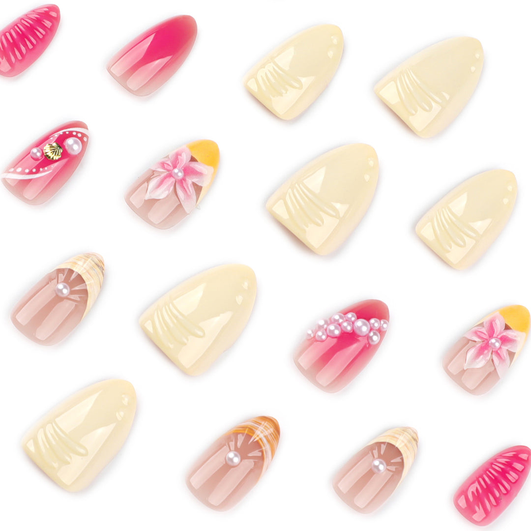 Artful nail extensions with floral and pearl-embellished accents Kalsten