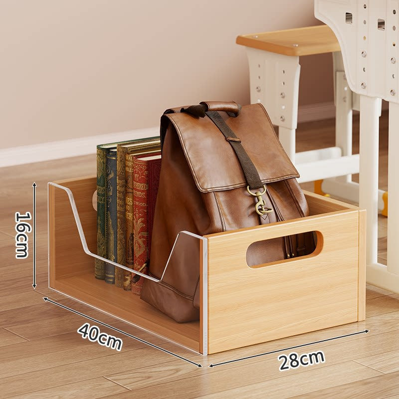 Portable Wooden Floor Storage Bin with Cutout Handles and Open-Front Book & Backpack Organizer