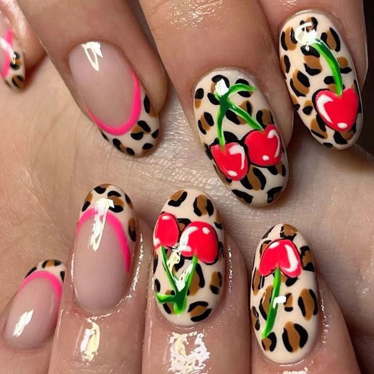Artistic Leopard and Cherry Nail Art