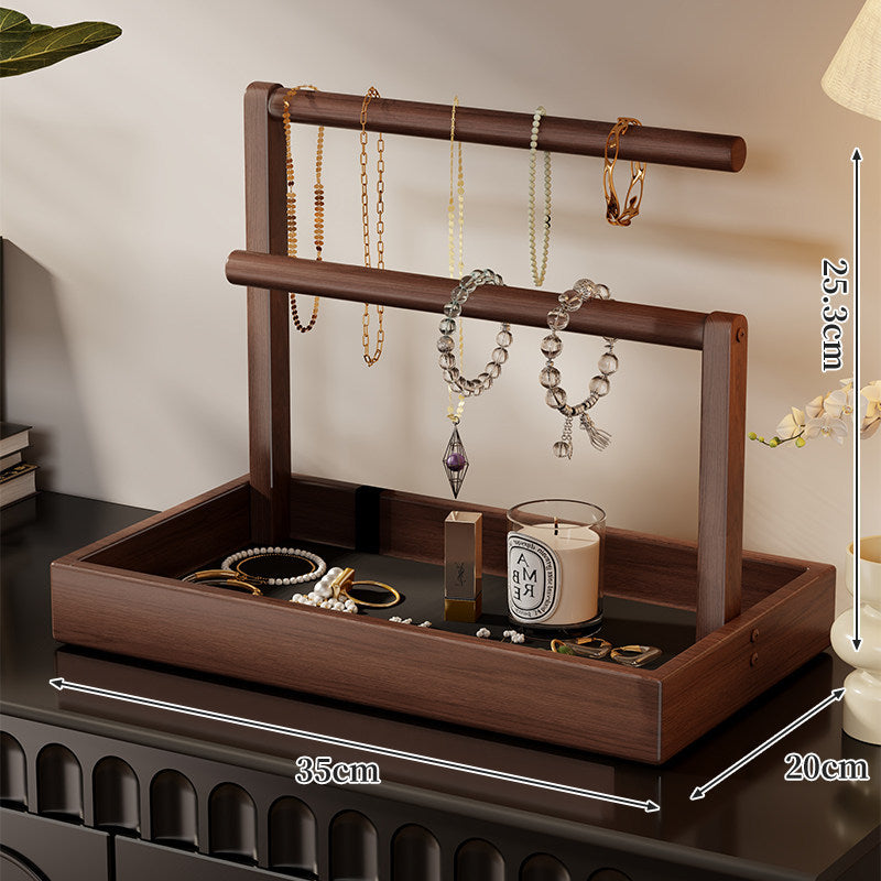 Tiered Wooden Jewelry and Watch Organizer with Tray and Hanging Rods