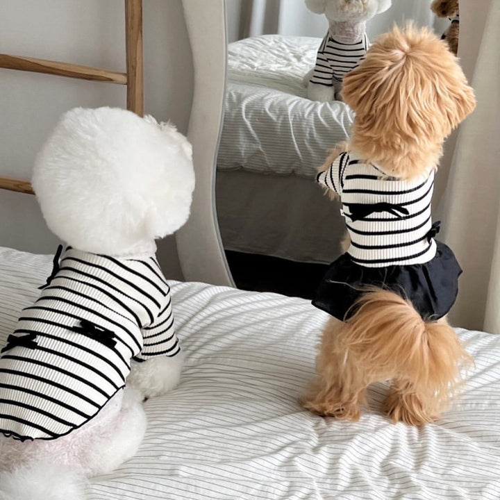 Ribbed Striped Knit Pet Dress with Ruffle Skirt &  Accent