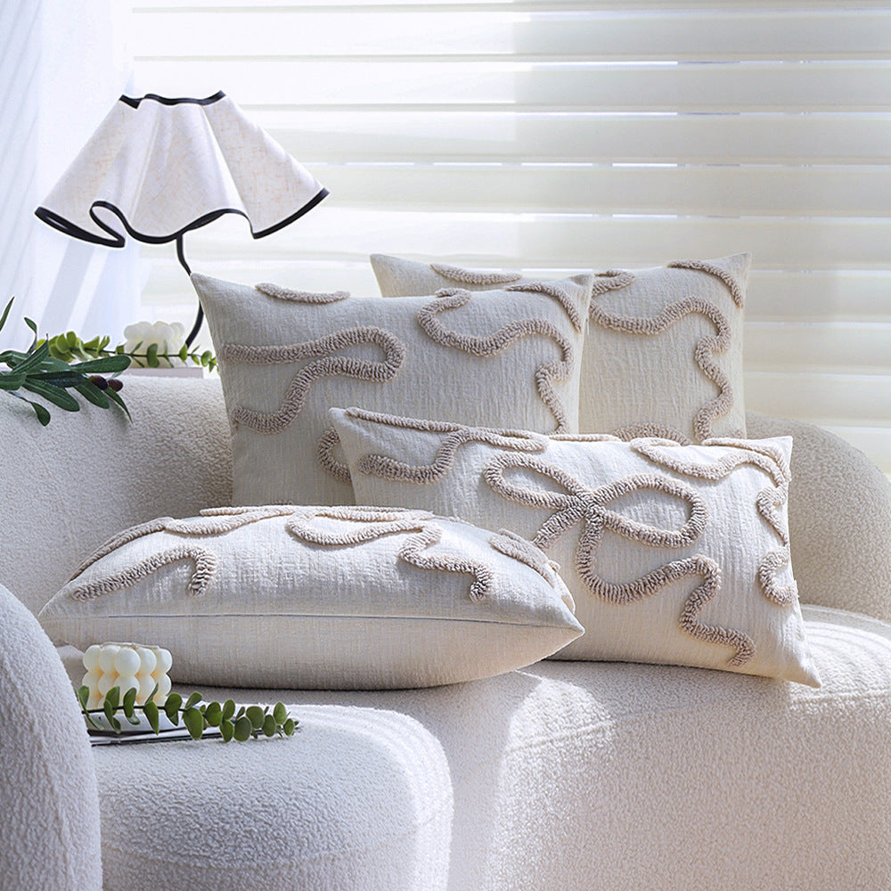 Square decorative cushion cover with hand-tufted bow and wave relief made of cotton-linen mix Kalsten