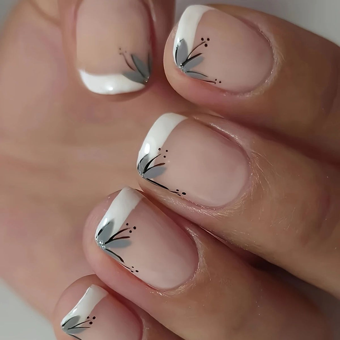 Elegant French Tip Floral Nail Enhancements Kalsten