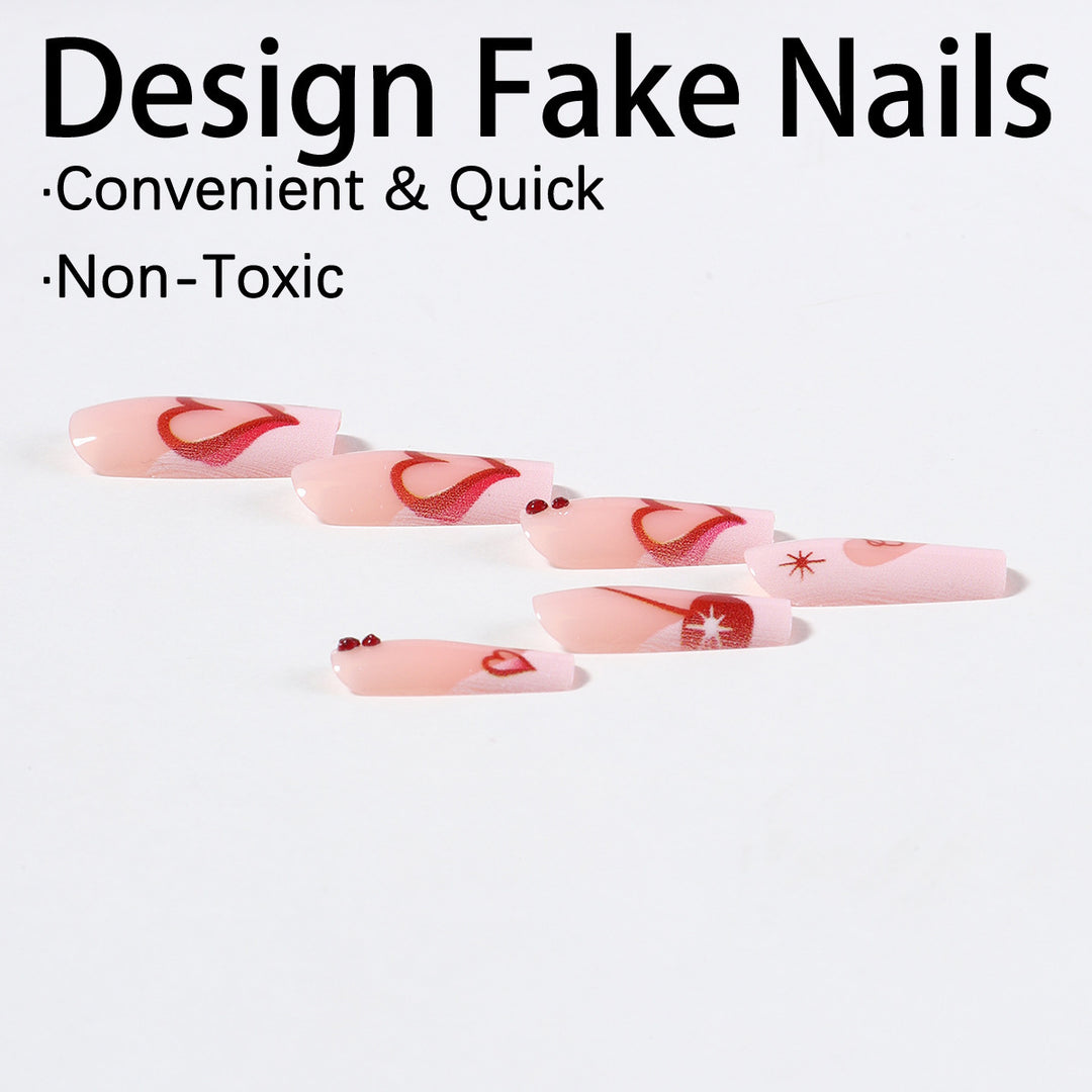 Artificial nail set with romantic heart designs and sparkling rhinestone decorations Kalsten