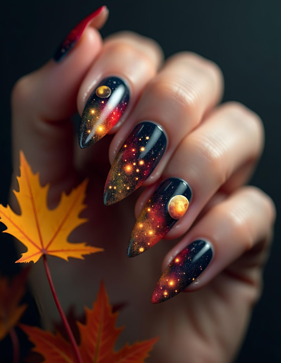 Galactic art nails with 3D planet motif Kalsten