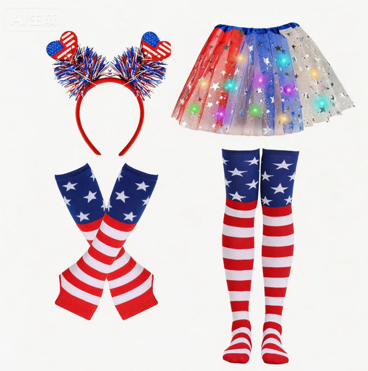 Women's Independence Day tulle tutu skirt with oversized bow headband over-the-knee star-striped stockings and matching arm sleeves Kalsten