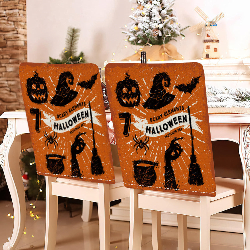 festive Halloween chair covers made of stretchable polyester with witch hat and lettering design