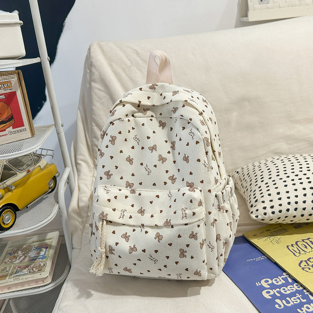 Textured Corduroy Backpack with Heart Pattern