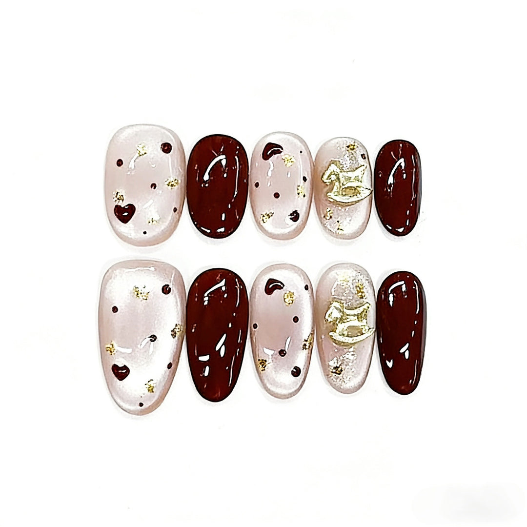 Decorative Press-On Nail Set with Heart and Gold Accents Kalsten