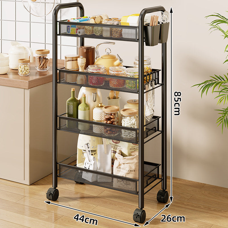Three-Tier Rolling Mesh Kitchen Storage Cart with Side Utensil Caddy and Locking Casters
