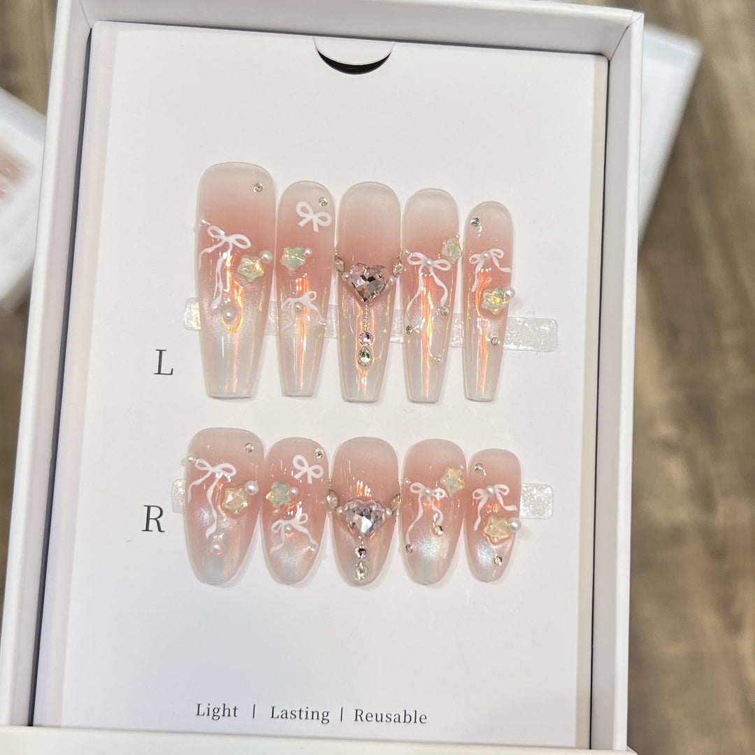 Elegant Press-On Nail Art Set with Chic Ribbon and Gem Accents Kalsten