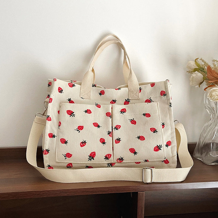WoStylish Multi-Pocket Strawberry Print Canvas Tote Bag Kalsten