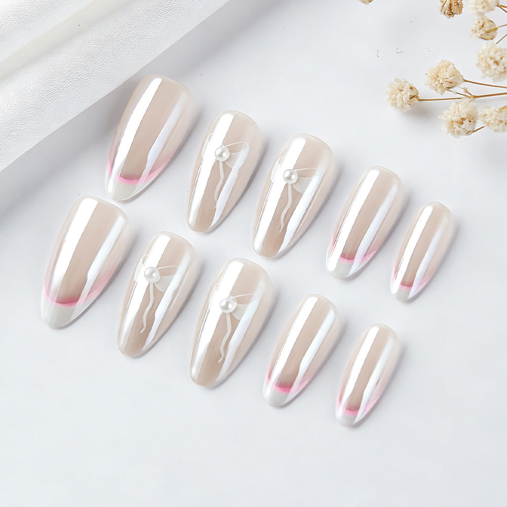 Elegant French Tip Press-On Nails with Bow Accents Kalsten