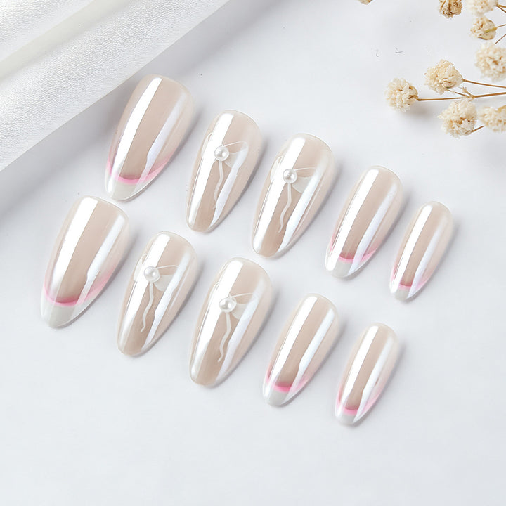 Elegant French Tip Press-On Nails with Bow Accents Kalsten