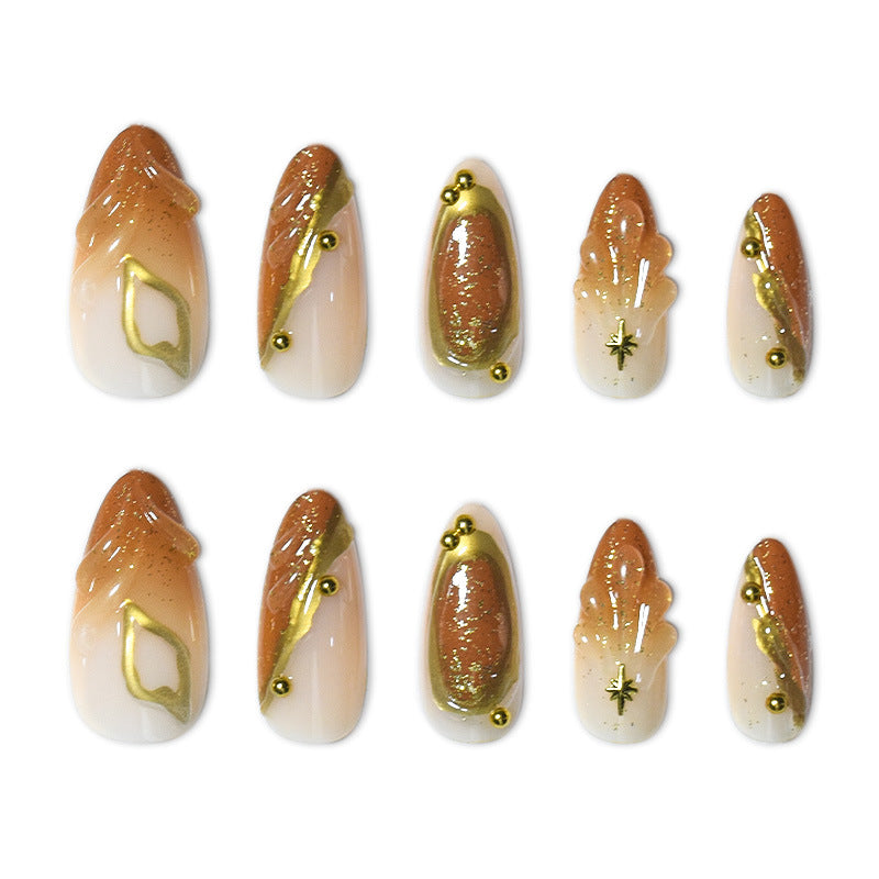 Luxurious Press-On Nail Set with Ornate Gold Detailing Kalsten