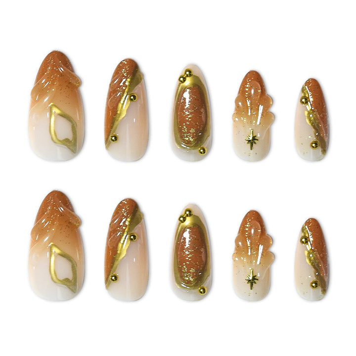 Luxurious Press-On Nail Set with Ornate Gold Detailing Kalsten