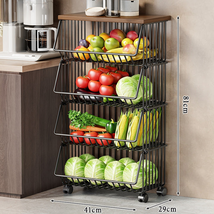 Multi-Tier Rolling Kitchen Fruit and Vegetable Storage Cart with Wood Top
