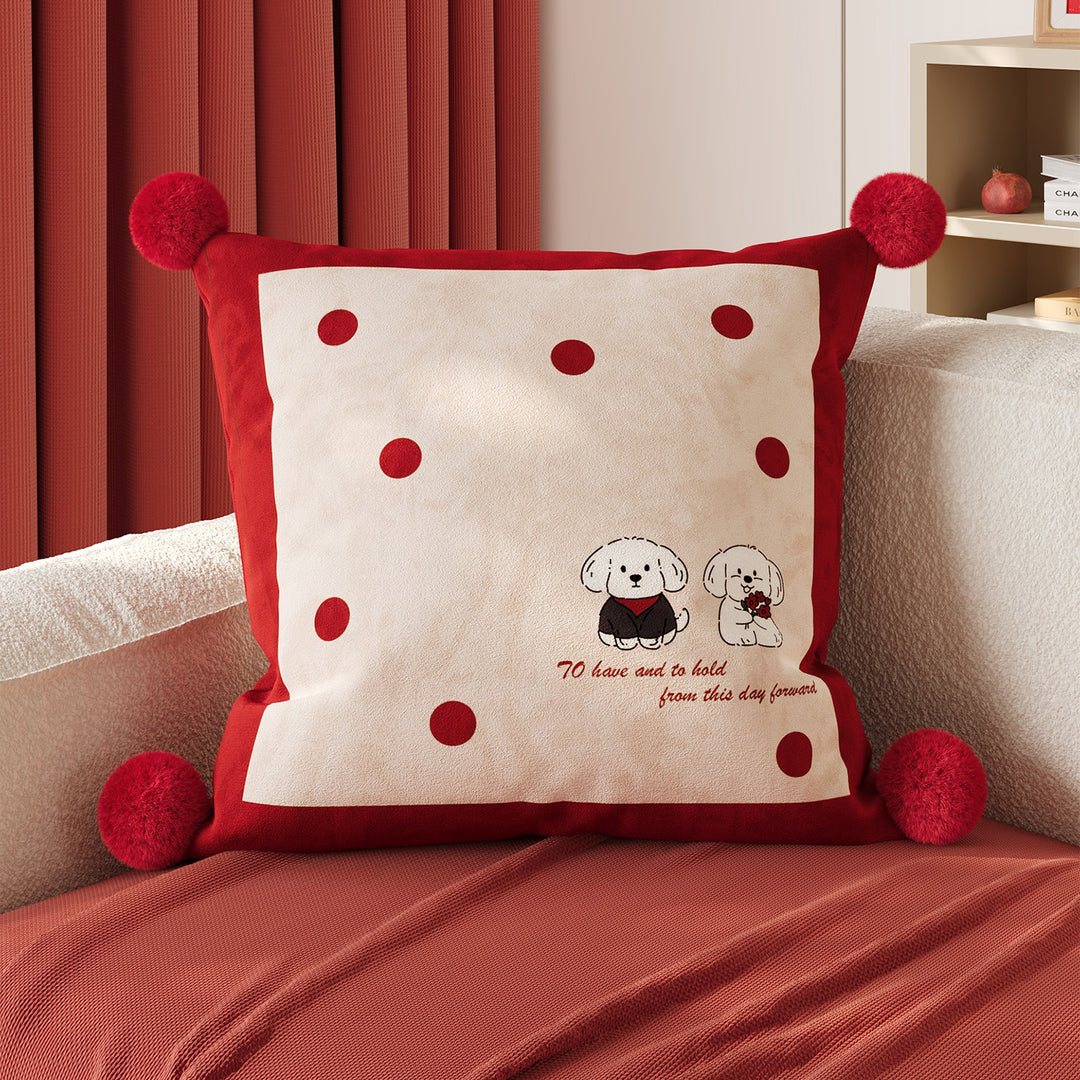 Polka Dot Bouclé Cushion Cover with Faux-Fur Pom-Pom Corners and Gift Bow Motif