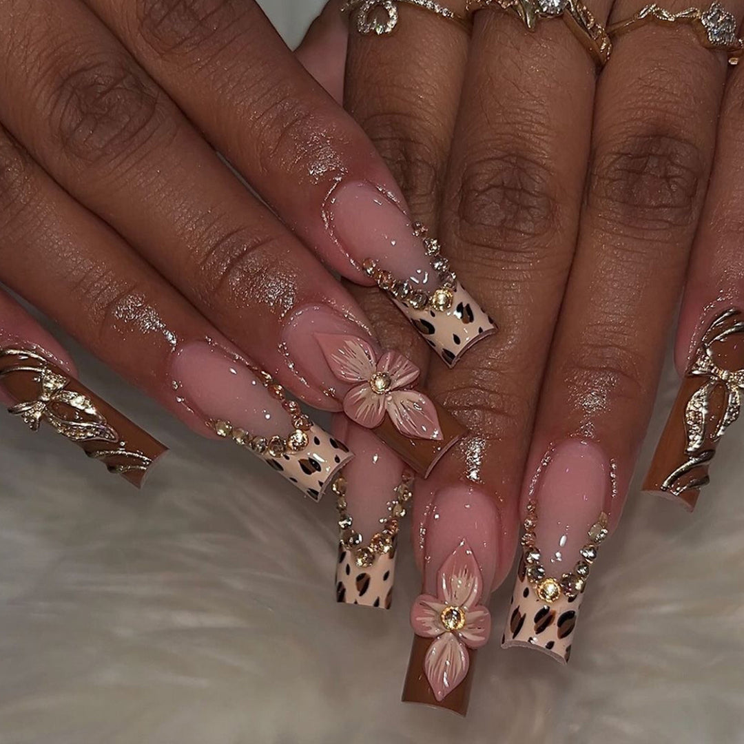 Artistic Long Press-On Nail Extensions with Elegant Floral Design Kalsten