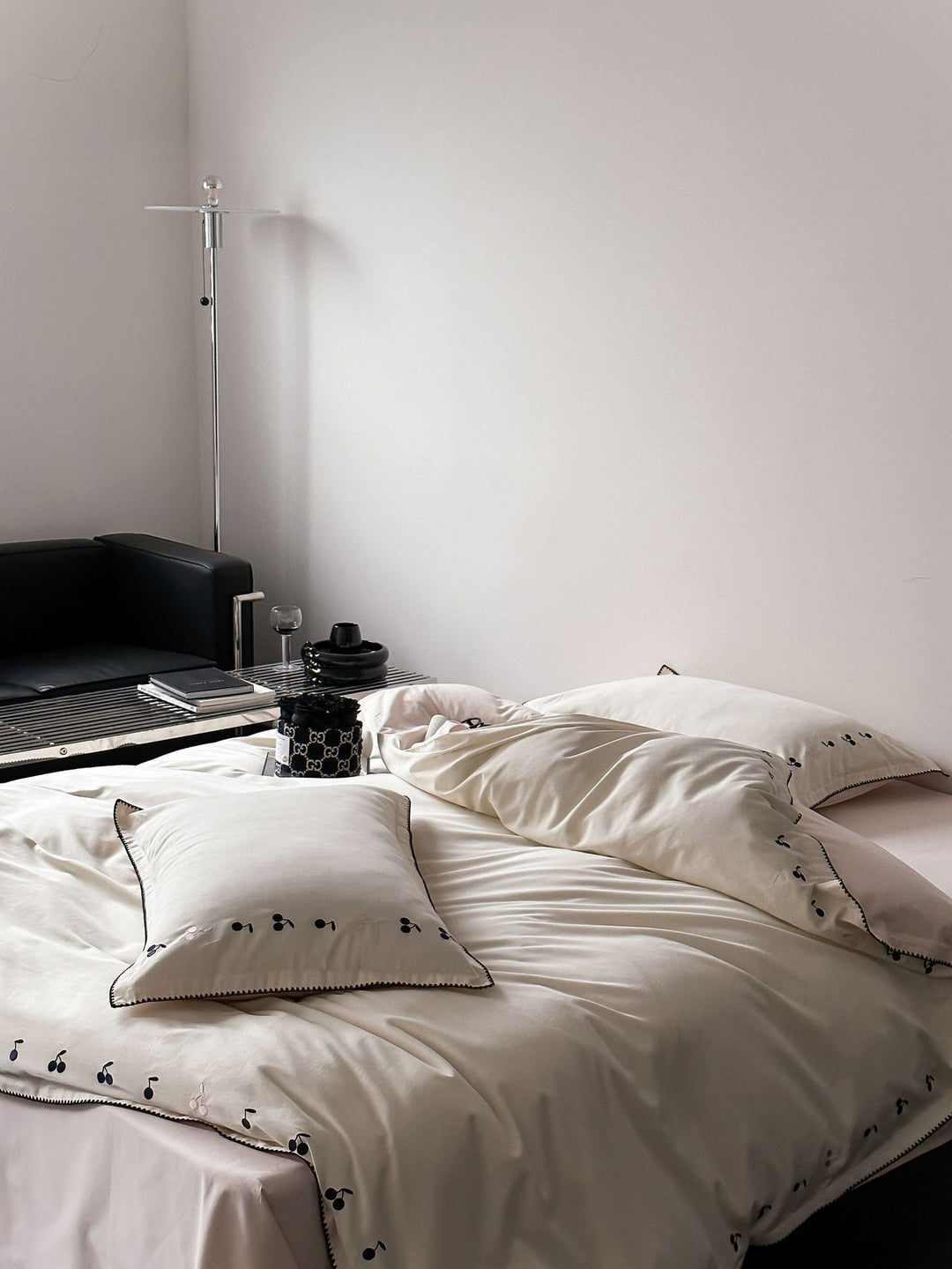Luxurious cotton satin bedding set with subtly embroidered cherries