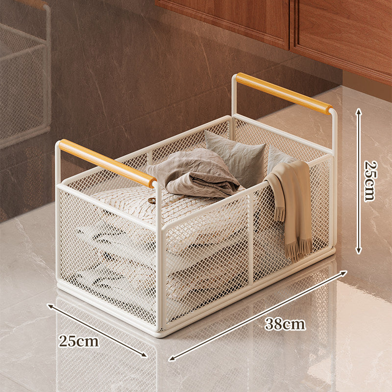 Low-Profile Metal Mesh Storage Crate with Dual Wood-Accent Handles for Blankets and Towels
