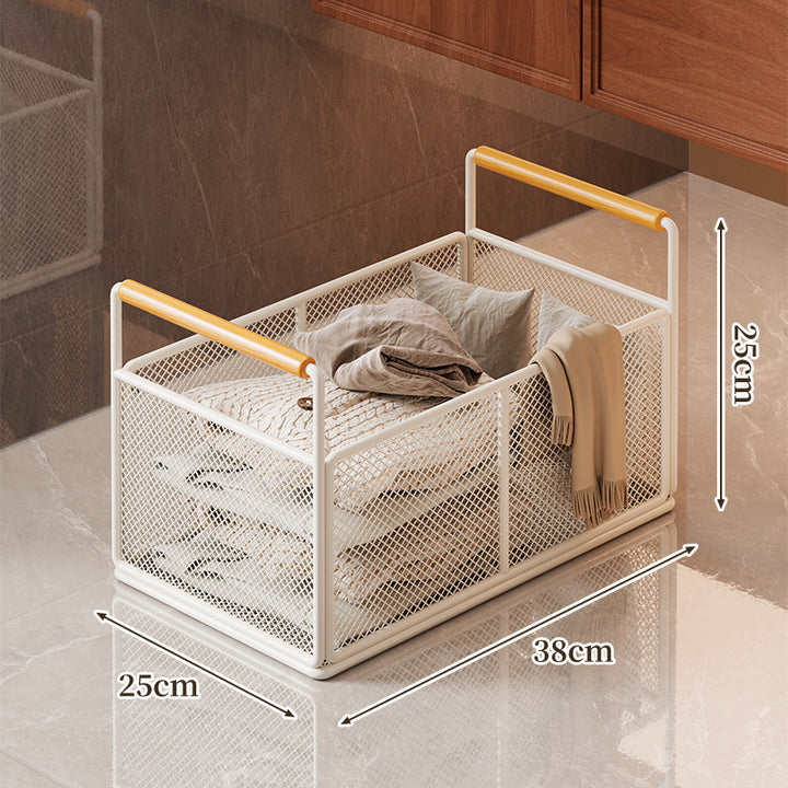 Low-Profile Metal Mesh Storage Crate with Dual Wood-Accent Handles for Blankets and Towels