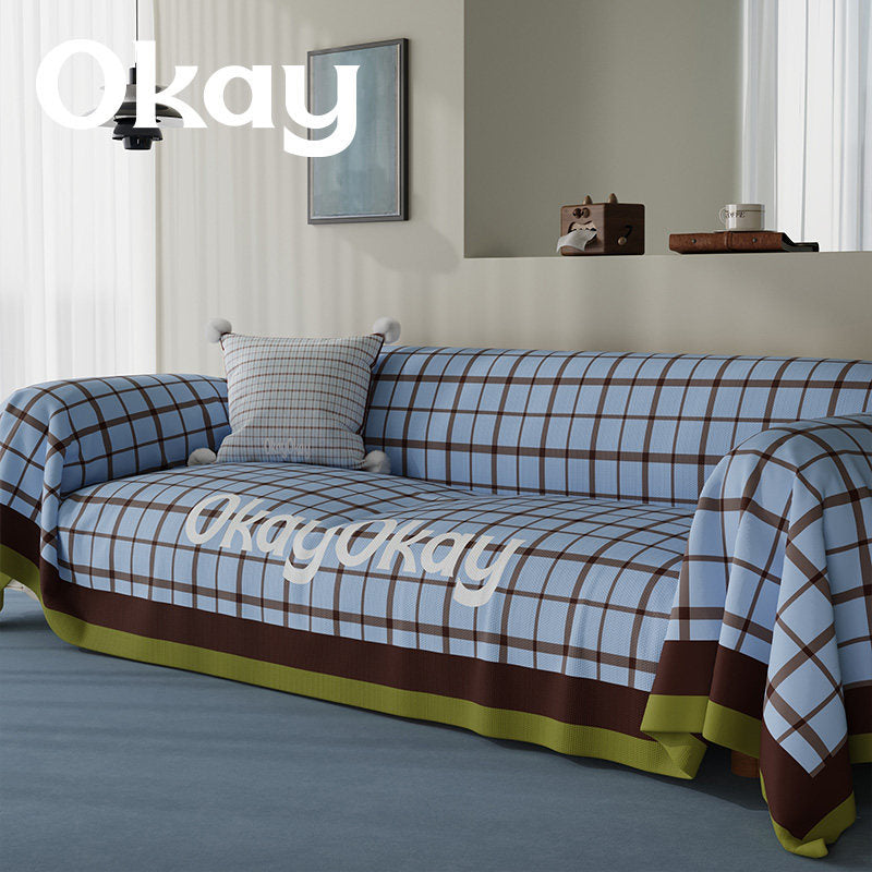 Reversible Plaid-Trim Sofa Slipcover and Throw Blanket Set