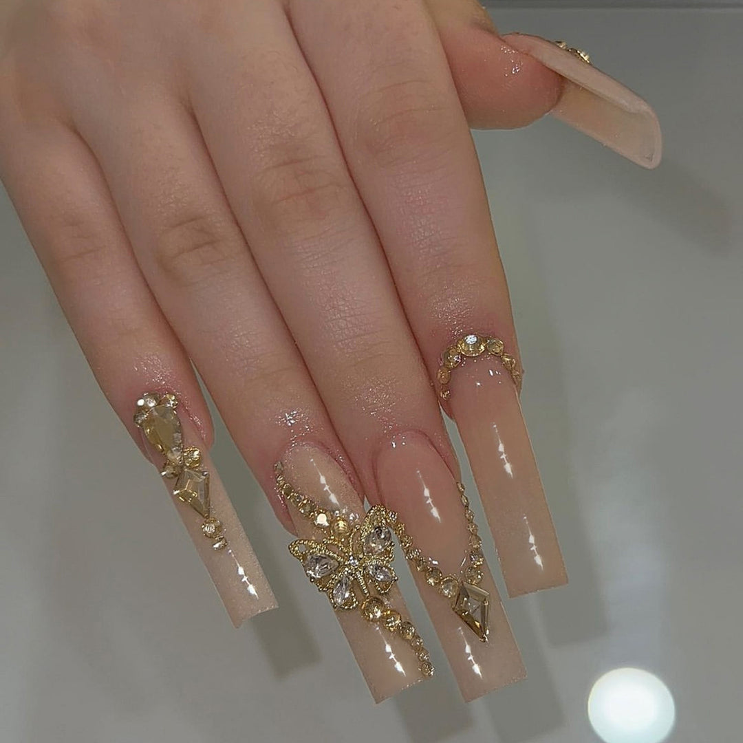 Decorative Press-On Nail Set with Rhinestone Embellishments kalsten