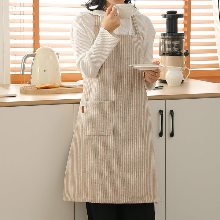 Checked kitchen apron with lace pocket detail and adjustable straps