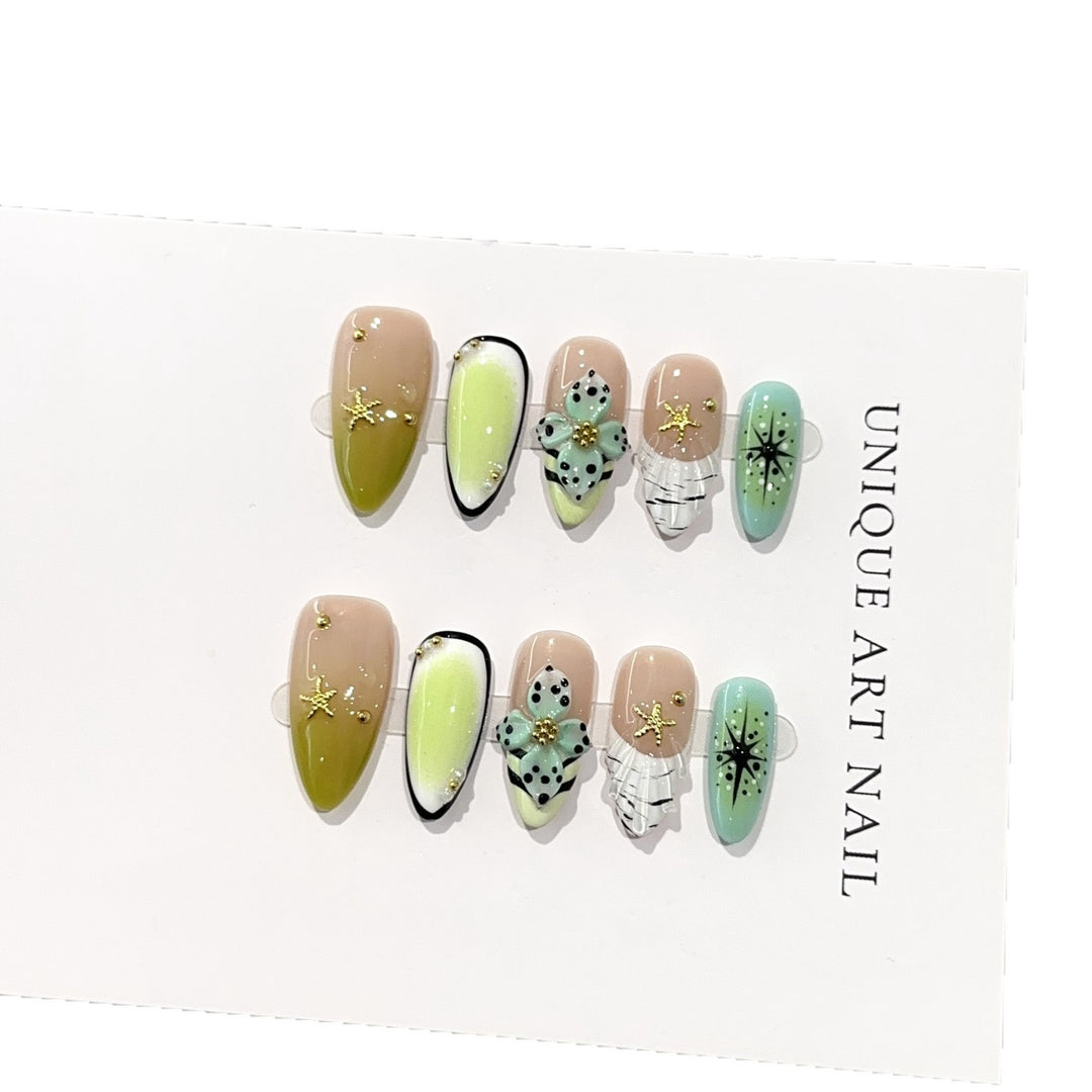 Artistic Press-On Nail Set with Floral and Gemstone Accents
