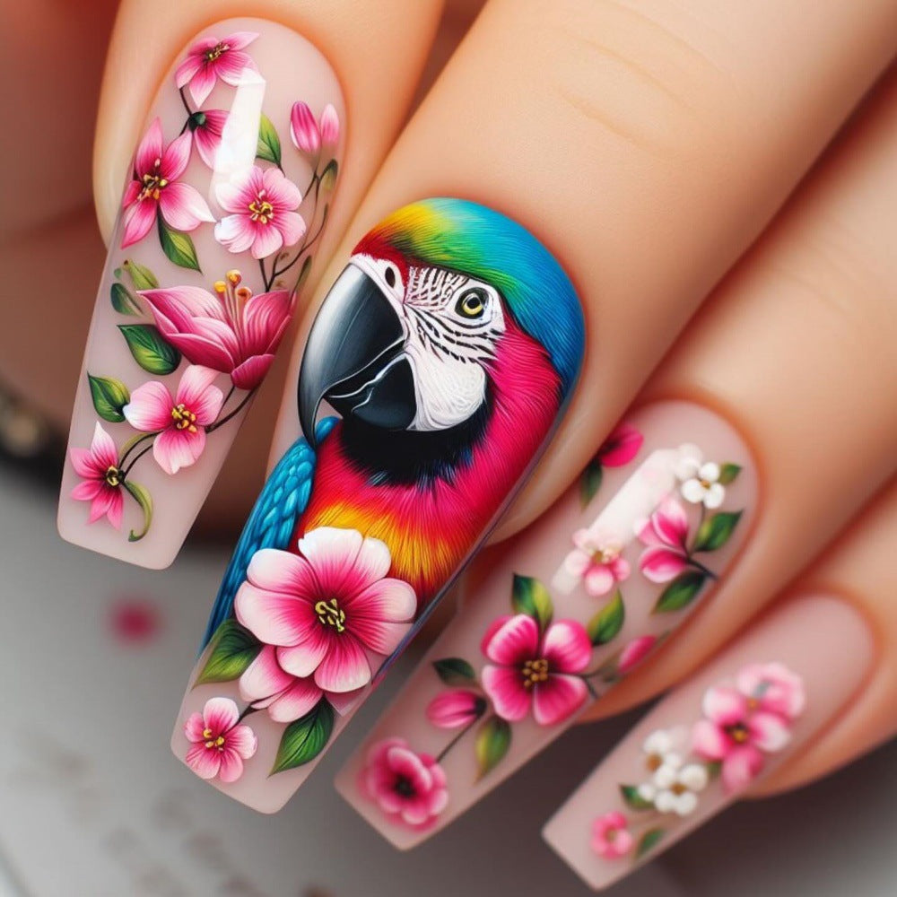 Exquisite Artificial Nails with Colorful Flower and Parrot Design Kalsten